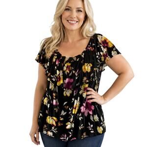 Lane Bryant Floral Flounce Top Womens Size 22/24 Black Ruffled Off Shoulder 3X